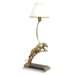 Pair of \"Jaguar\" lamps in bronze, with Art Deco style porcelain bases.